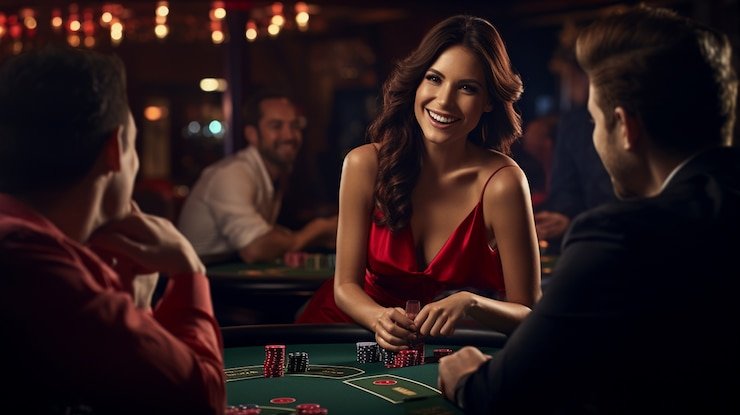 Dealer langsung garudaslot menampilkan meja Bandar Poker dengan beberapa pemain duduk di meja